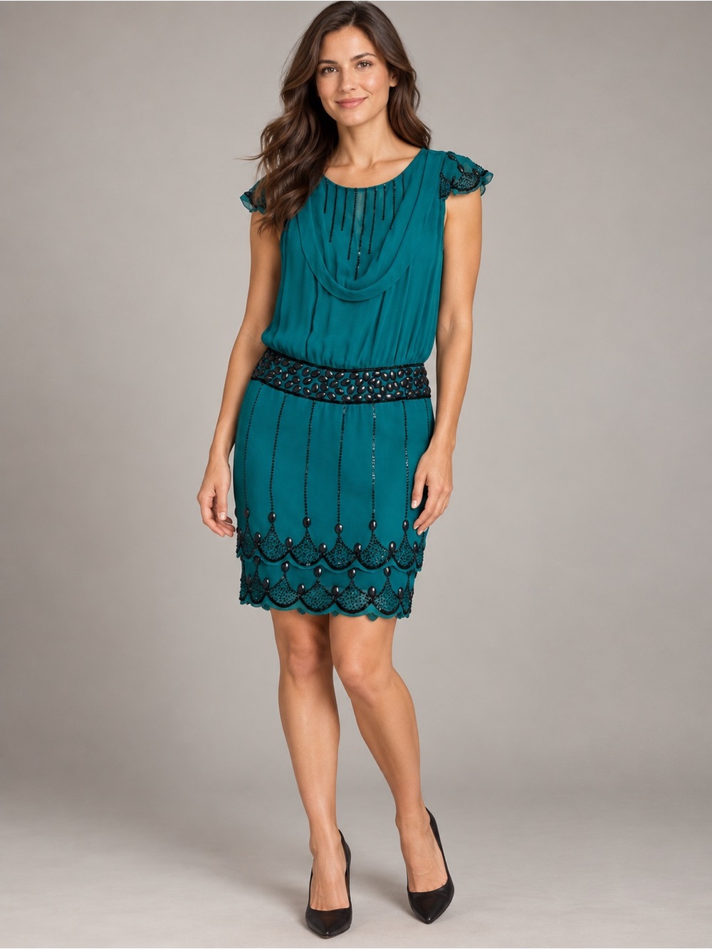 Vintage American Retro Paris Teal Embellished Dress – Size 38